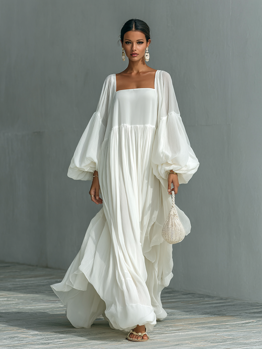 Women's Loose Lapel Lantern Sleeve Pleated Maxi Dress MDA1789G5Y