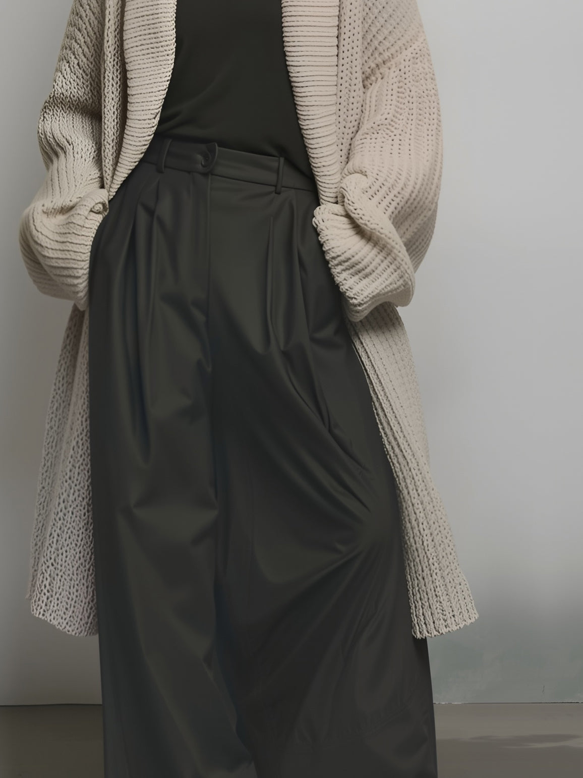 Women's Casual And Comfortable Beige-grey Mid-length Knit Cardigan Paired With Black Straight-leg Wide-leg Suit Pants MDA0764K3AN