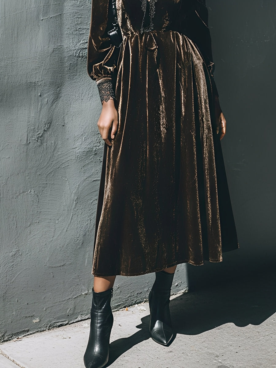 Women's Brown Vintage Velvet Lace - Trimmed Midi Dress MDA2140J7I