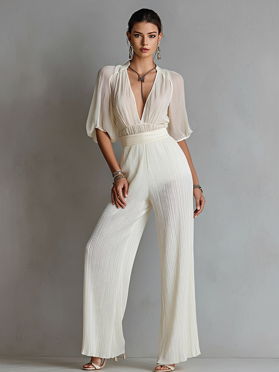 Women's Ivory Chiffon Set With Deep V-Neck & Puffed Sleeves, Timeless Sexy-Elegant Style Set MDZ2665B5I