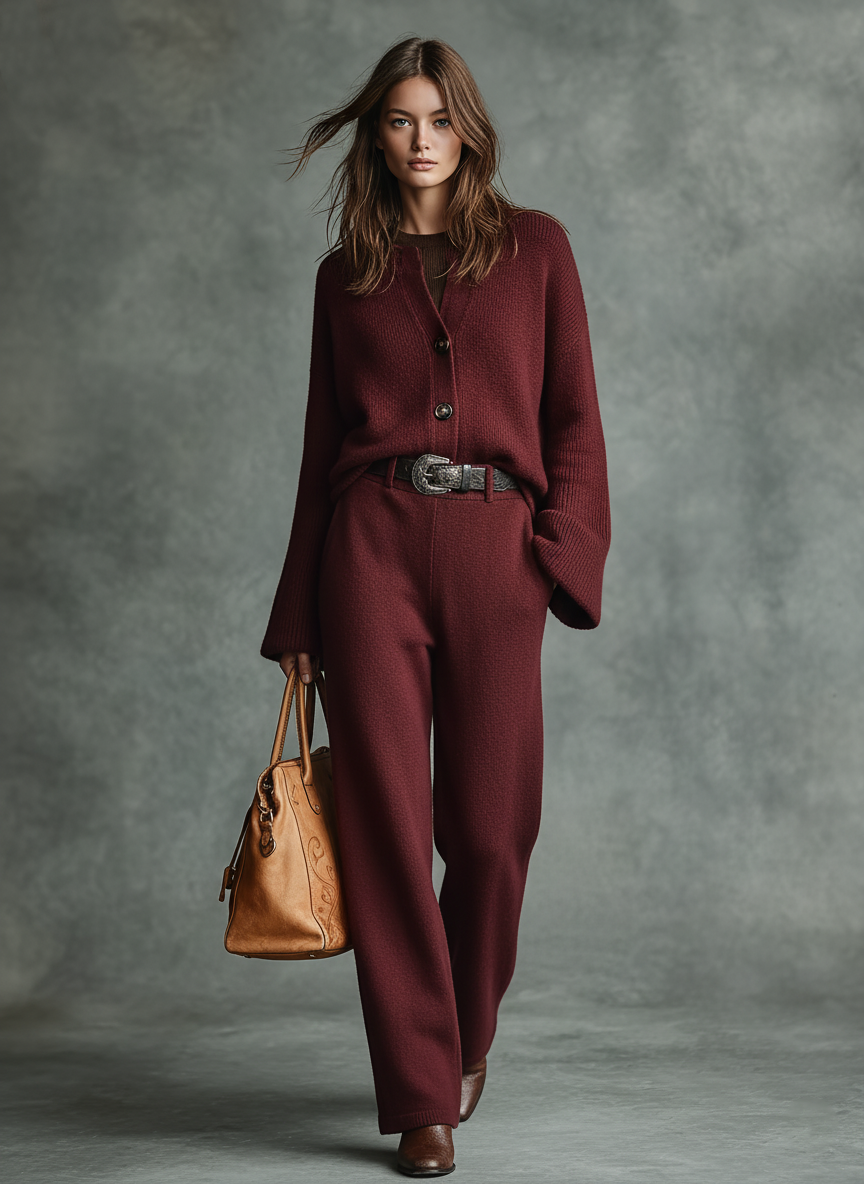 Women's Casual Knit Cardigan And Straight Leg Pants Set MDA2858J4Y