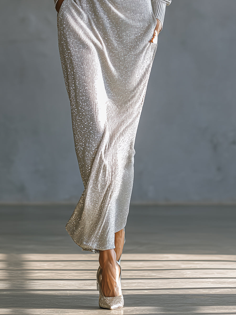 Women's Silver Glamorous Lurex - Knit Half - Zip Maxi Dress MDA1484H0I
