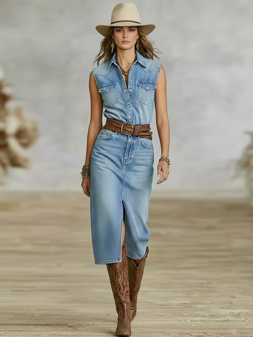 Women's Minimalist Washed Denim Straight-cut Sleeveless Midi Dress (belt Not Included) MDZ2620B8Y