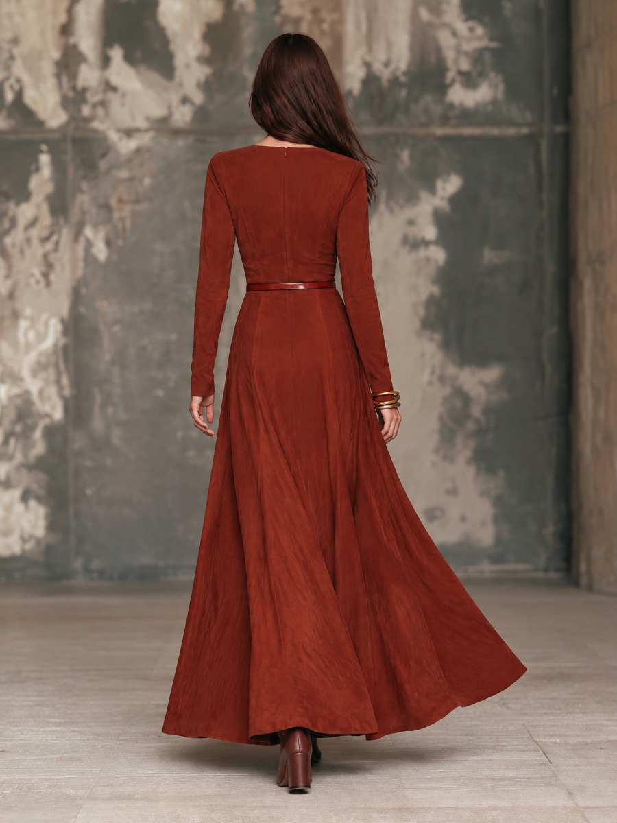 Women's Long-Sleeve Suede Maxi Dress With V-Neck