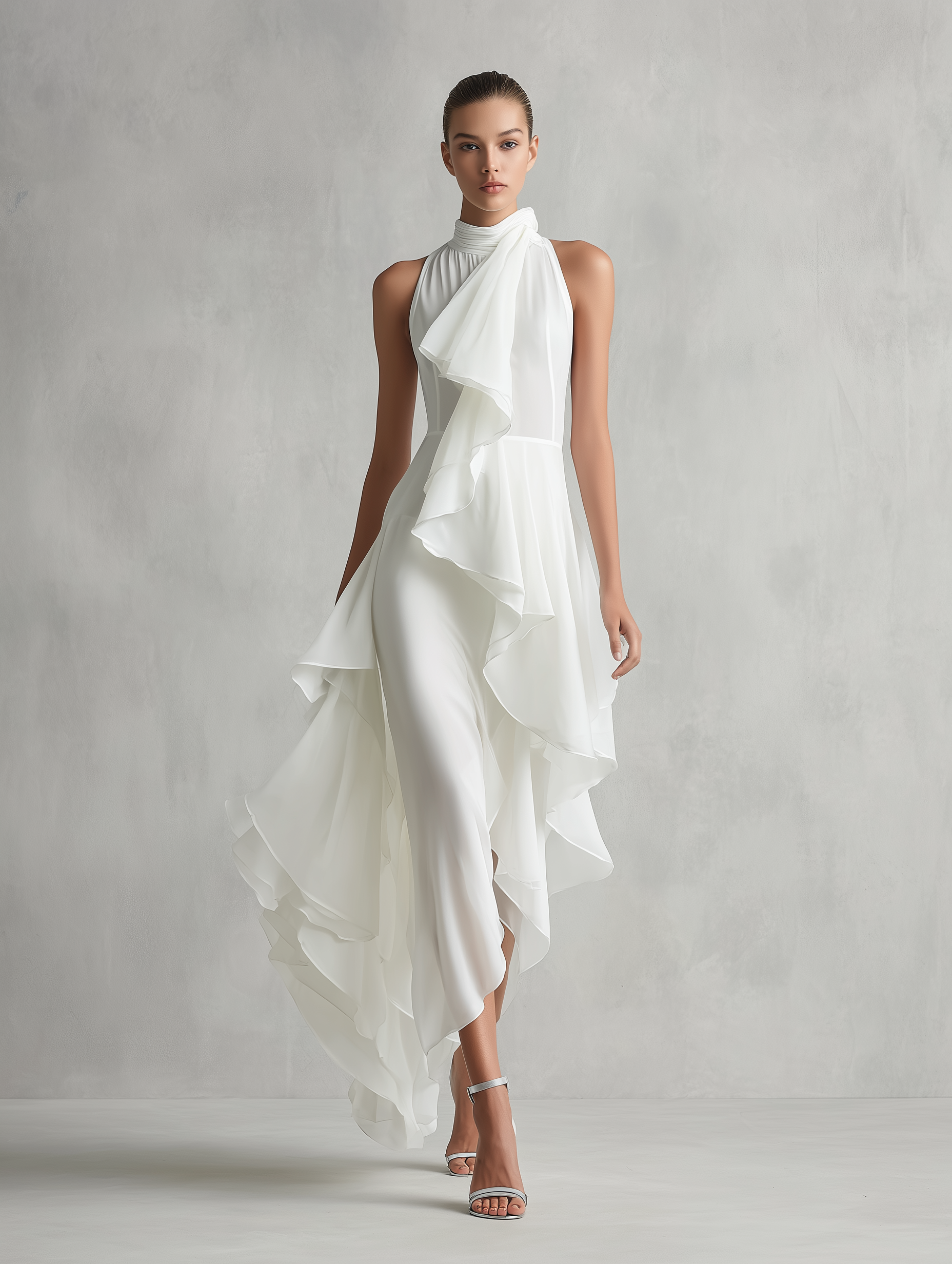 Women's White Chiffon Dress With Halter Neck & Ruffled Overlay, Timeless Romantic-Luxury Style Dress MDZ0644A6I