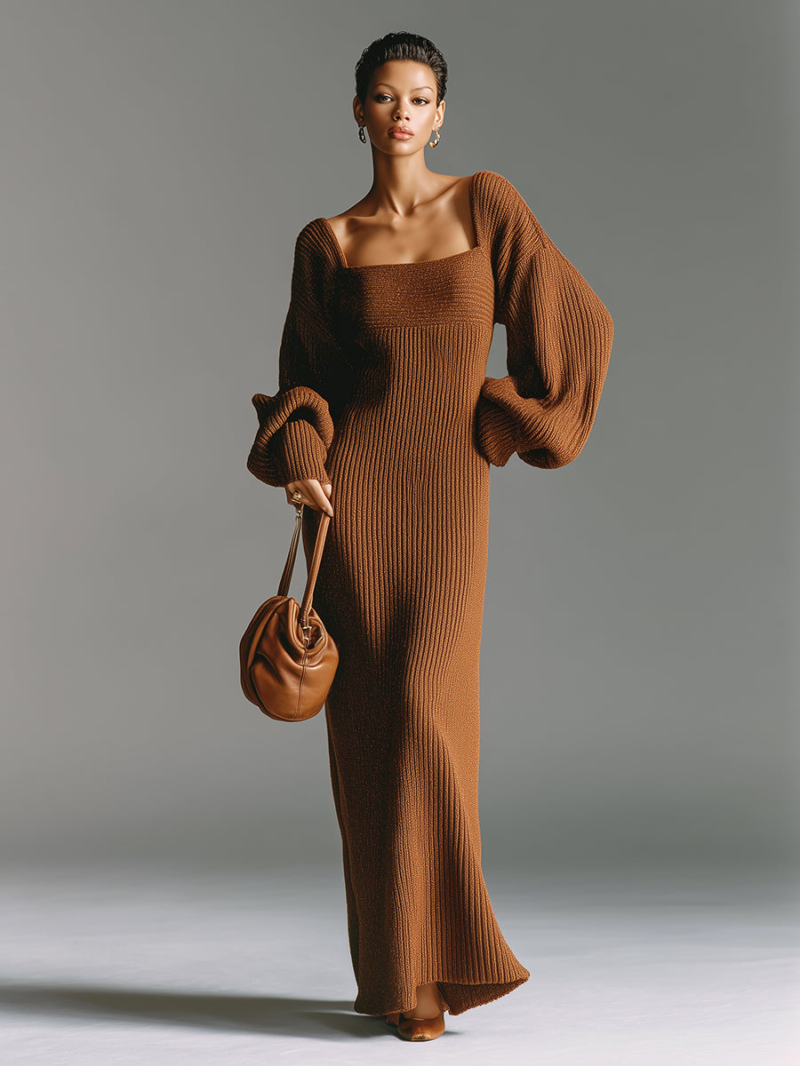 Women's Brown Knitted Retro-Chic Maxi Dress With Square Neck & Puff Sleeves MDA2293J0I