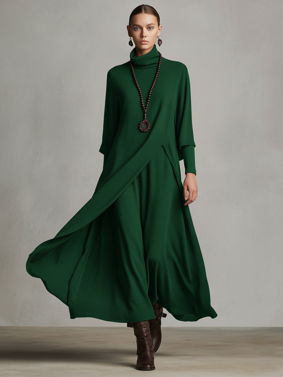 Women's Green Flowy Knit Elegant Maxi Dress With Cowl Neck & Draped Detailing, Boho-Chic Style Dress MDA3044J9I