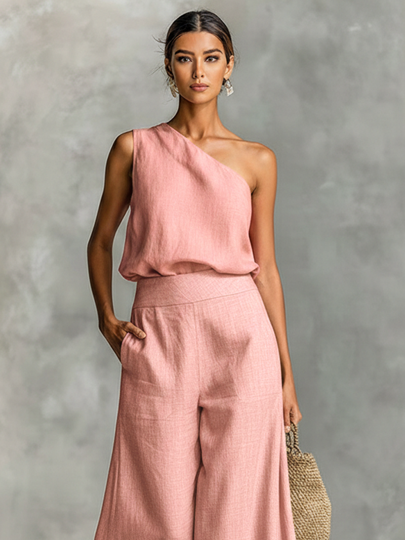 Women's Minimalist Linen Blend One-shoulder Blouse And Wide-leg Pants Set MDZ0377B4Y