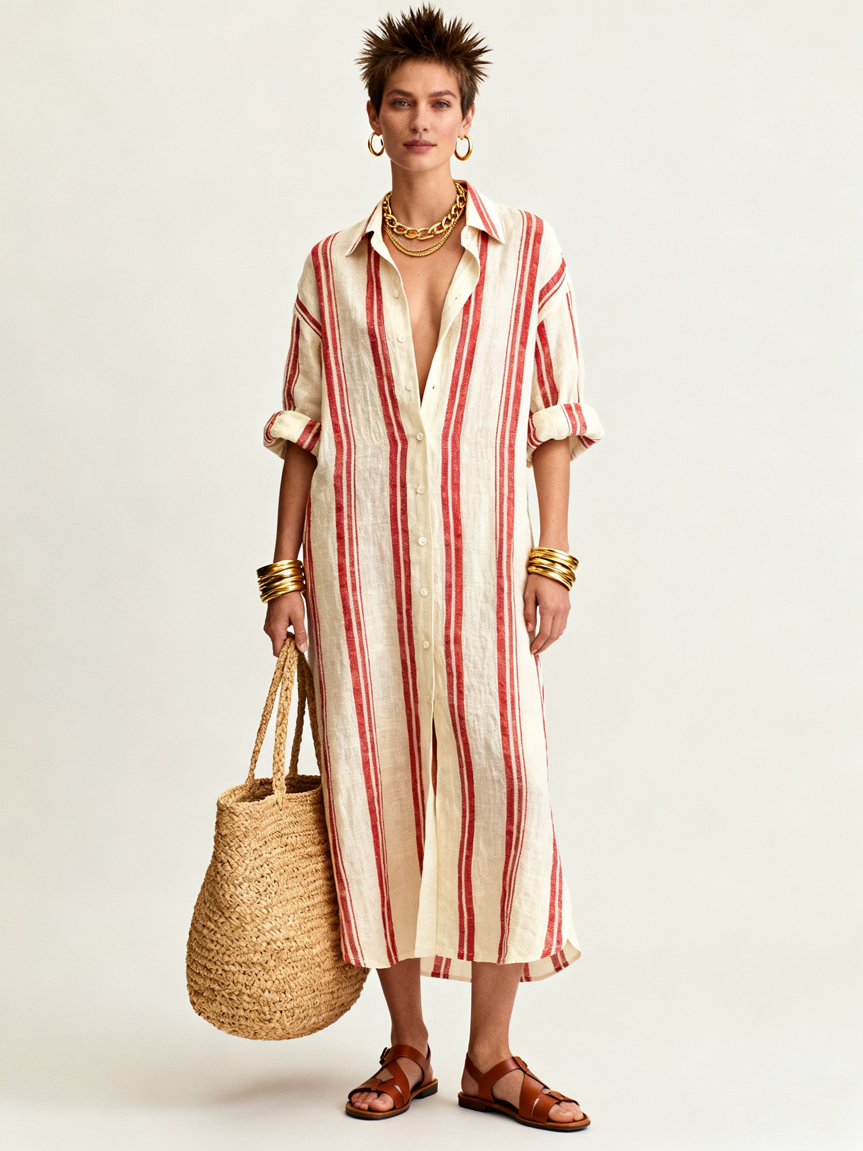 Women's Minimalist Loose-fitting Striped Shirt Maxi Dress MDZ0608A5Y