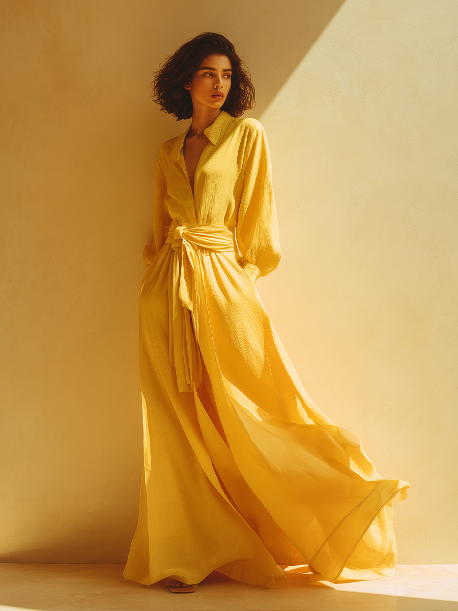 Women's Vibrant Yellow Chiffon Dress With Shirt Collar & Oversized Tie Belt, Timeless Effortless-Glam Style Dress MDA1905L7I