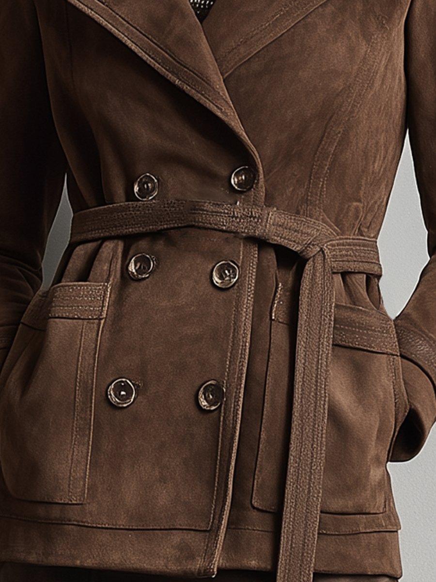 Women's Dark Brown Faux Suede Double-breasted Belted Fitted Jacket MDA3167J1T