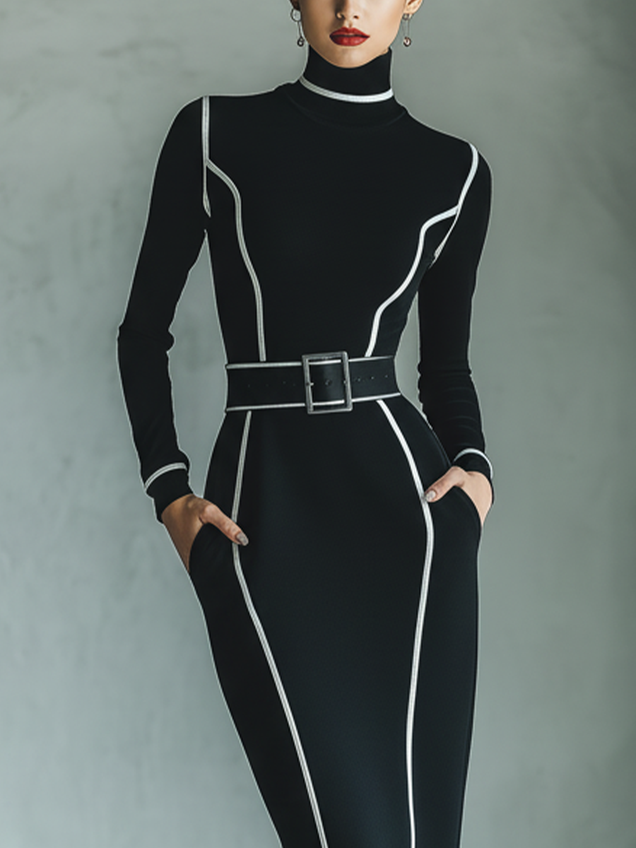 Women Black Knit Contrast Trim Belted Bodycon Dress MDA1857L3T