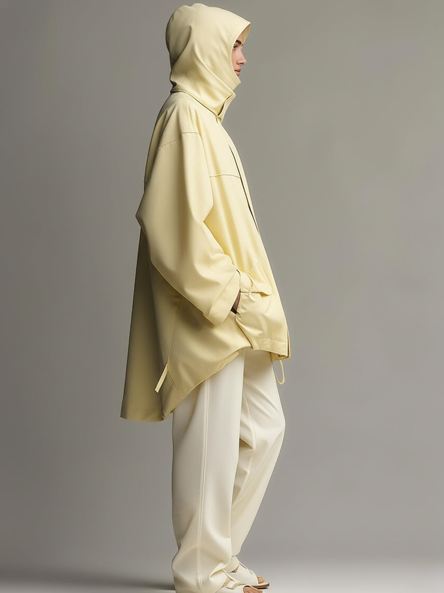 Women's Pale Yellow Cotton Mid-length Coat With Front Zipper MDA2552K6I