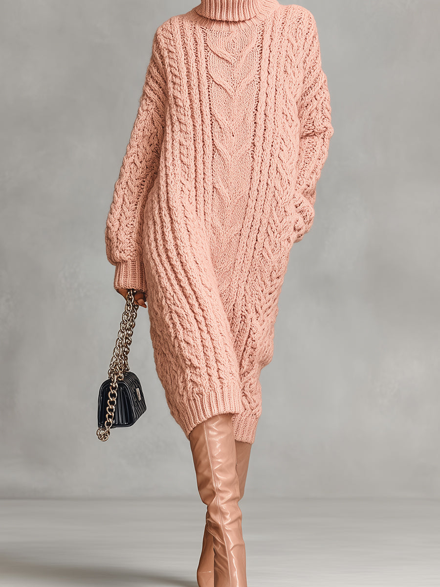 Women's Pink Elegant Cable - Knit Turtleneck Oversized Midi Sweater Dress MDA1945I6I