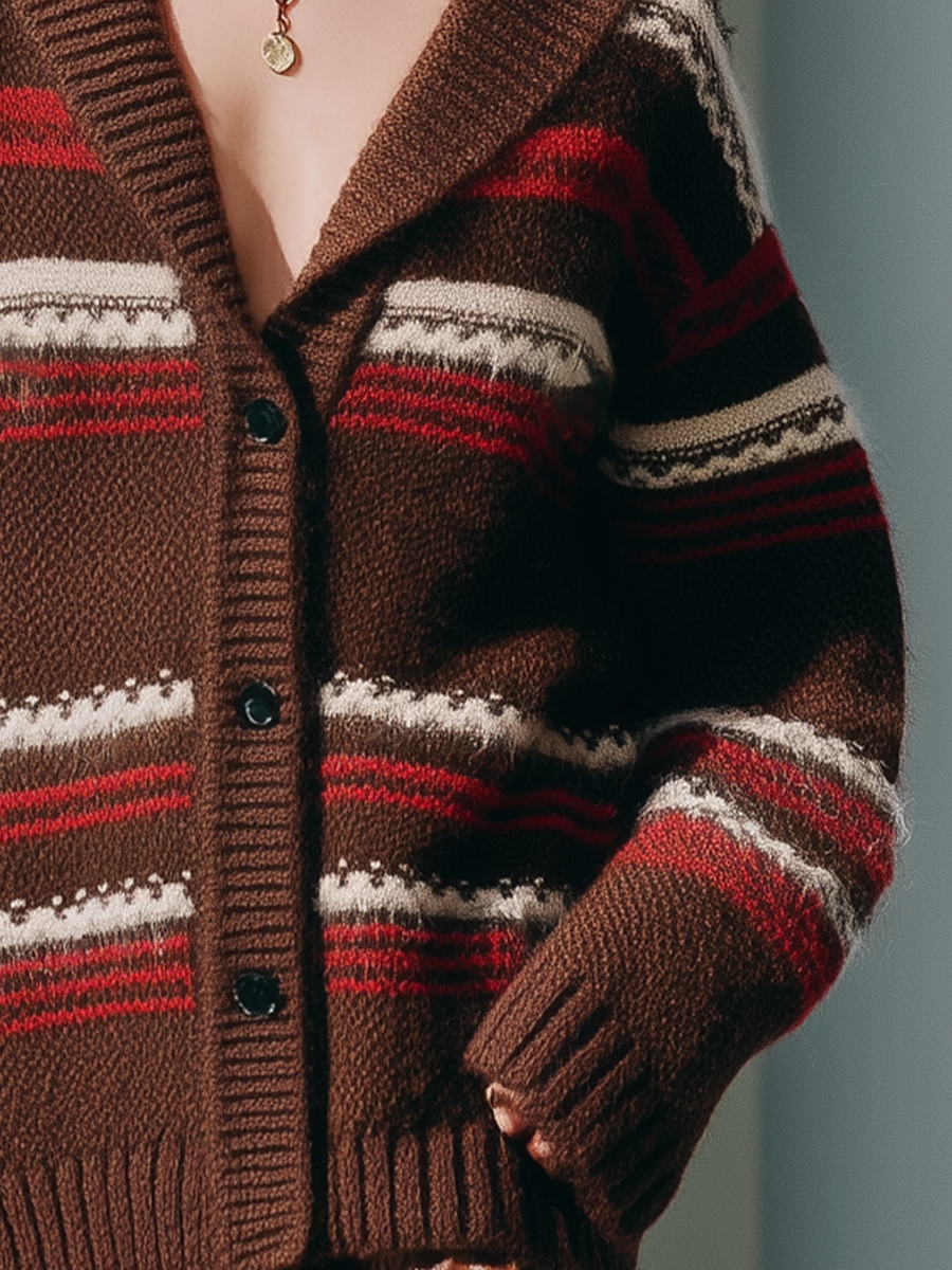 Women's Brown Knitted Striped Casual Cardigan MDA2332J5T