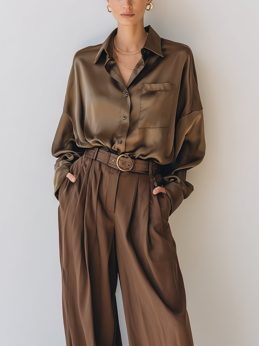 Women's Chocolate Brown Loose-fitting Shirt And Wide-leg Trousers Set MDA0936L7T