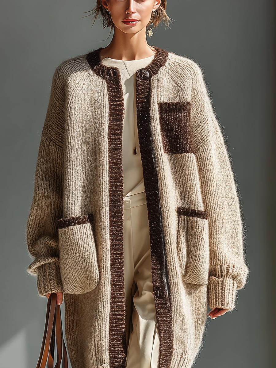 Women's Beige And Light Brown Chunky Knit Loose Casual Cardigan MDA2130J7T