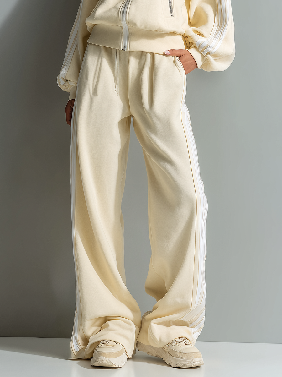 Women's Beige Air-layer Zip-up Loose-fitting Jacket And Straight-leg Trousers Set MDA0323K9T