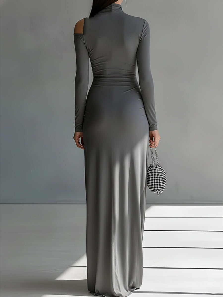 Women's Grey Silky Stretch Sophisticated Ruched Detail Cut-Out Maxi Dress MDA0546K6I