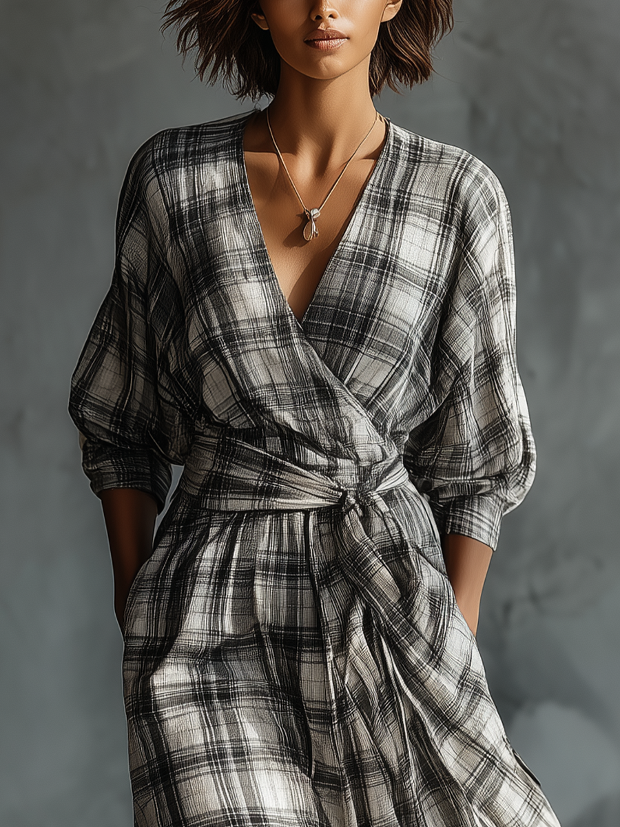 Women's Grey-white Cotton Linen Plaid V-neck Tie-up Long-sleeved Maxi Dress MDA1009K5T