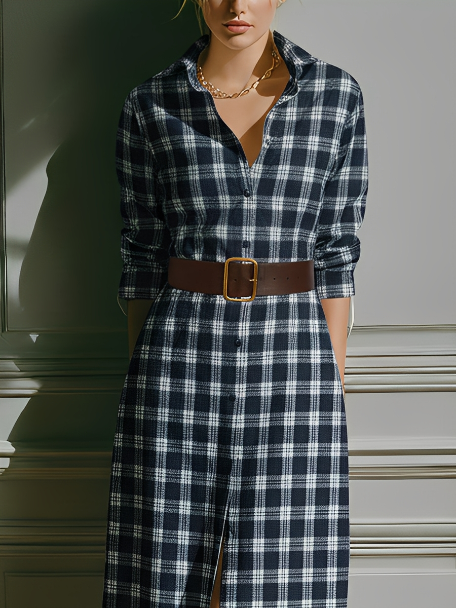 Women's Navy Blue And White Checkered Cotton Linen Lapel Slit Long Dress MDA2800K1T