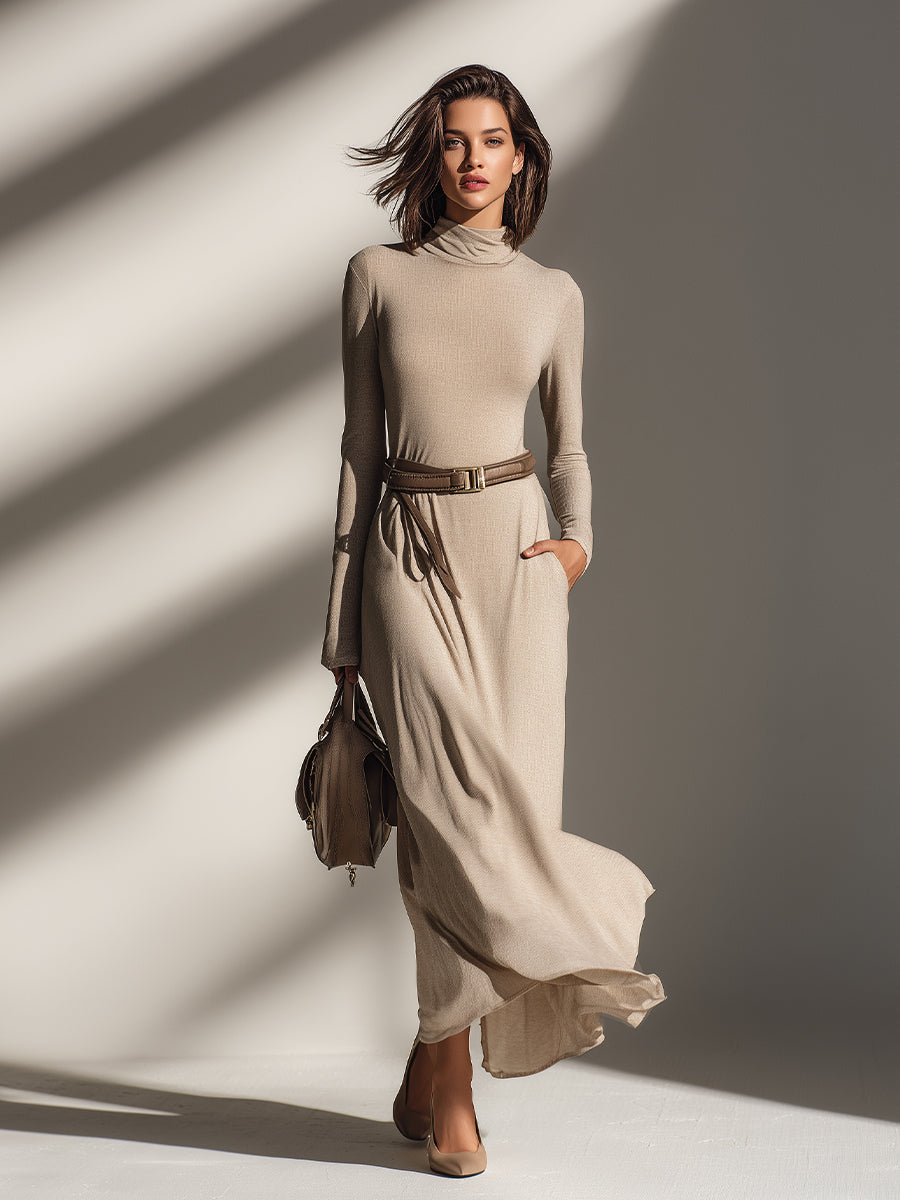 Women's Beige Stretch Polyester-Cotton Blend Elegant Maxi Dress With Turtleneck & Statement Belt, Flowy Chic Style MDA2309J7I