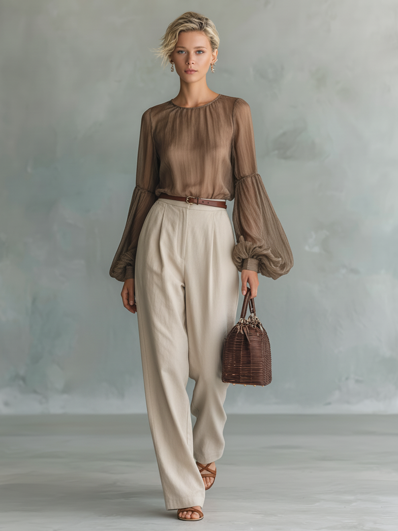 Women's Minimalist Chiffon Blouse And Straight-leg Pants Set MDA1766L3Y