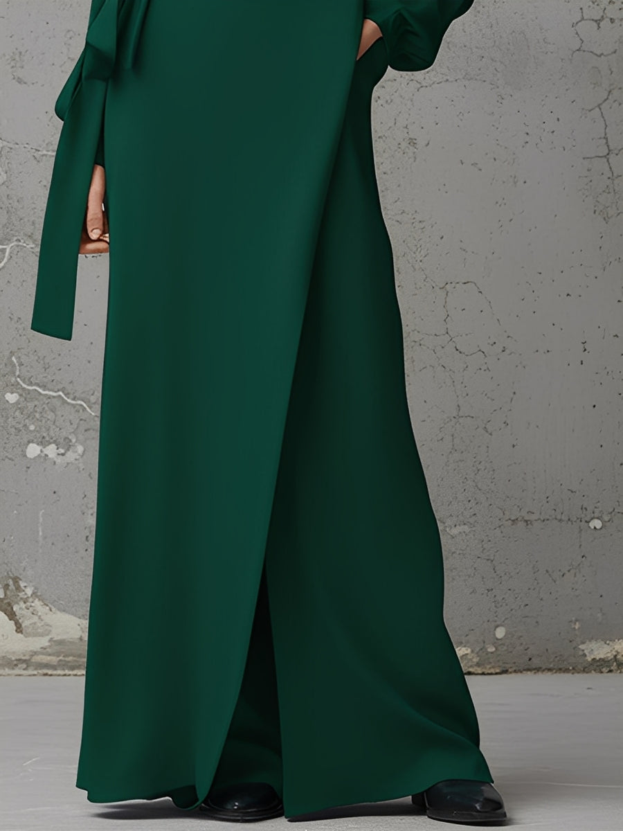 Women's Forest Green Flowing Dress With Cinched Waist & Statement Sleeves, Sophisticated Formal Style Dress MDA1536L9I