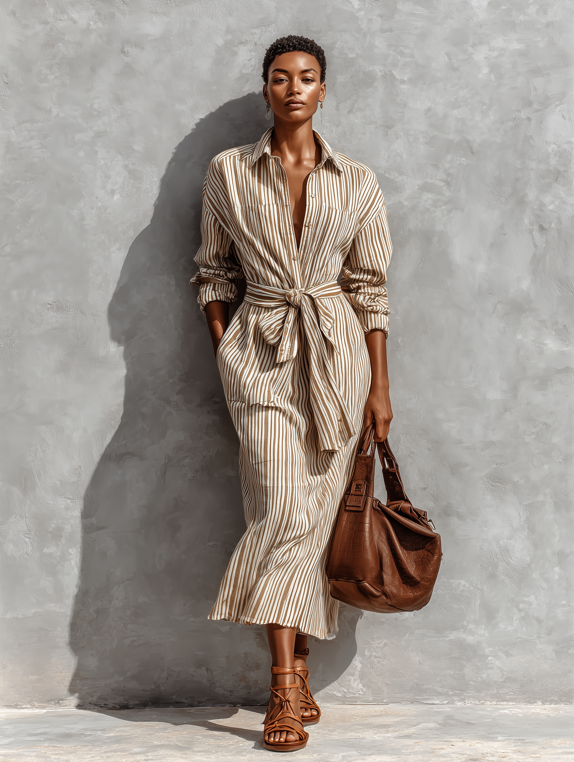 Women's Fashionable White And Brown Striped Long-sleeved Woven Shirt Dress With Belt MDA1501L3AN