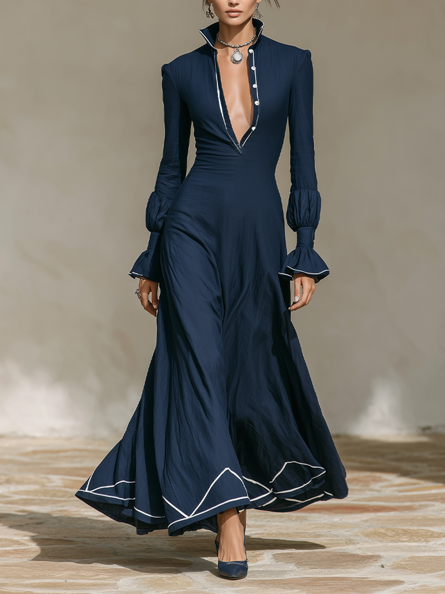 Women's Vacation Contrast Trim Flare Sleeve Maxi Dress MDZ1094H9LYL