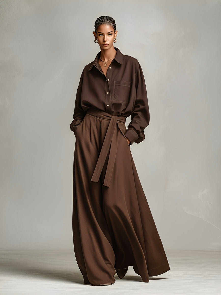 Women's Brown Tailored Cotton Elegant Collared Shirt & Belted Maxi Skirt Set MDA0501K1I