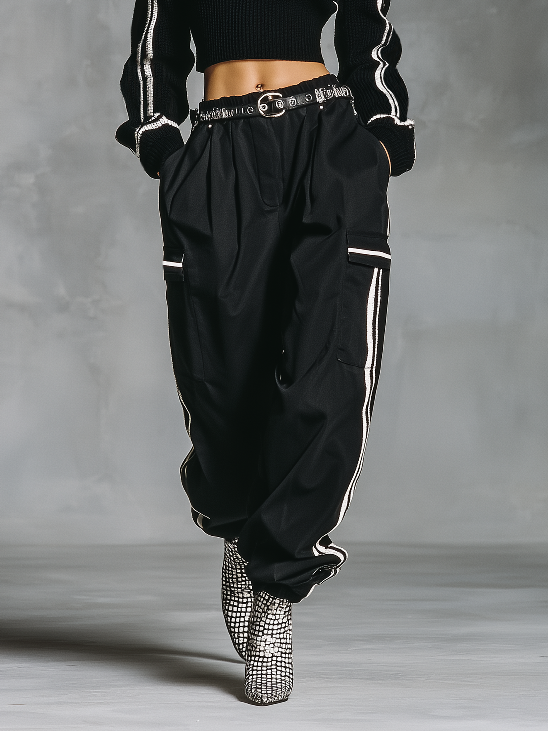 Women's Minimalist White Trim Zip-up Collar Short Sweater And Cargo Pants Set MDA2464K6Y