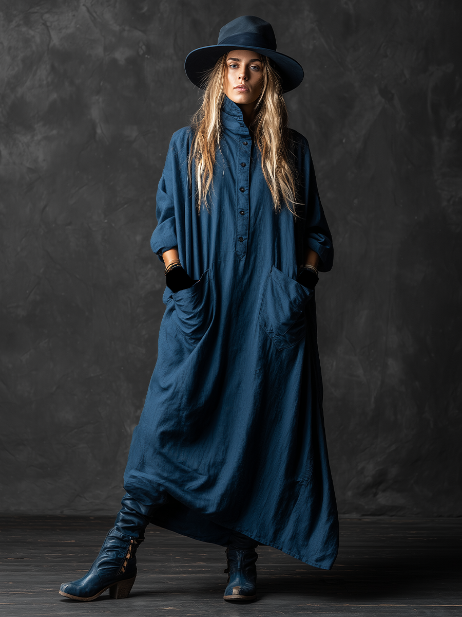 Women's Navy Blue Linen-Blend Bohemian Dress With Oversized Silhouette & Statement Pockets, Artistic Casual Style Dress MDA0411K0I