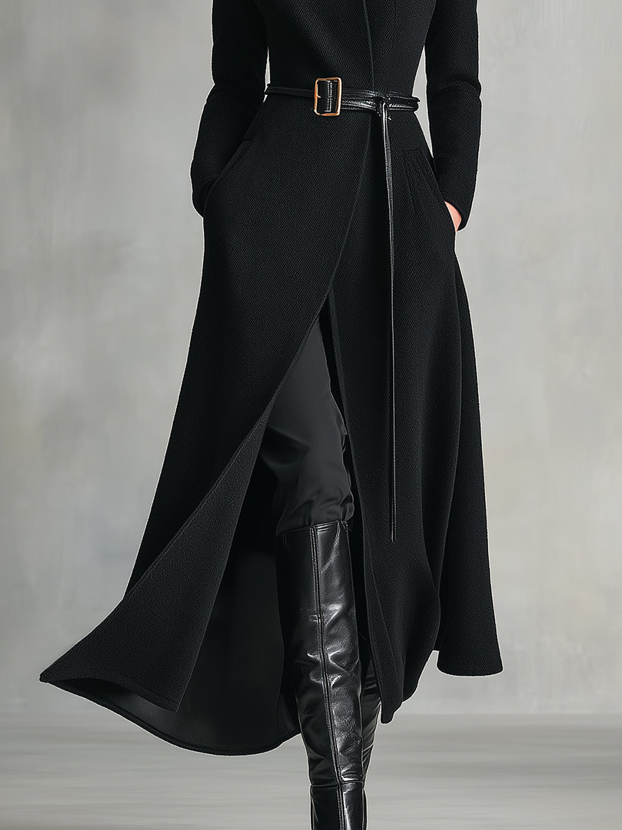 Women's Black Elegant Wool - Blend Turtleneck Belted Maxi Coat (without belt) MDA2807H5I