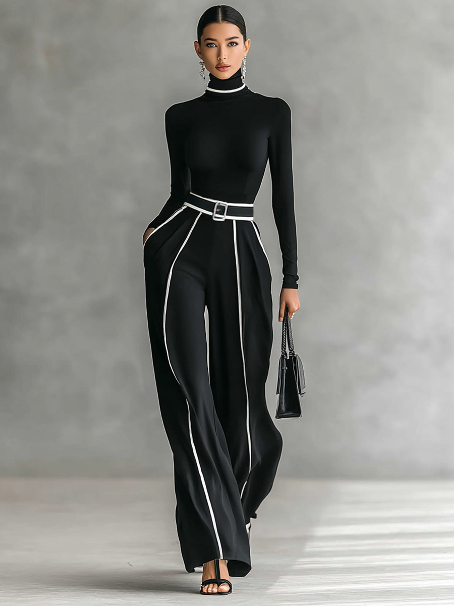 Women's White Trimmed Turtleneck Long Sleeve Top Wide Leg Pants Belt Two-Piece Set MDA1546G0Y