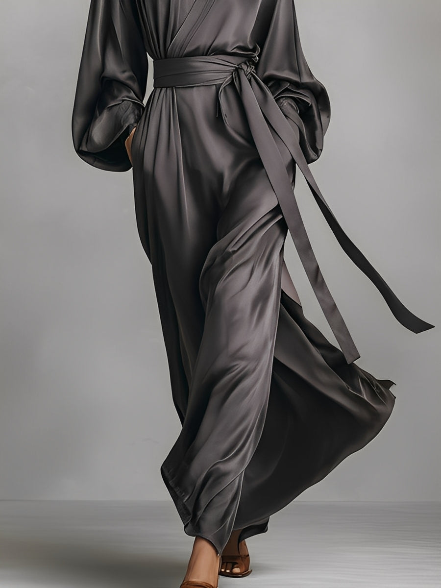 Women's Charcoal Gray Satin Wrap V-neck Maxi Dress MDA2560K0I
