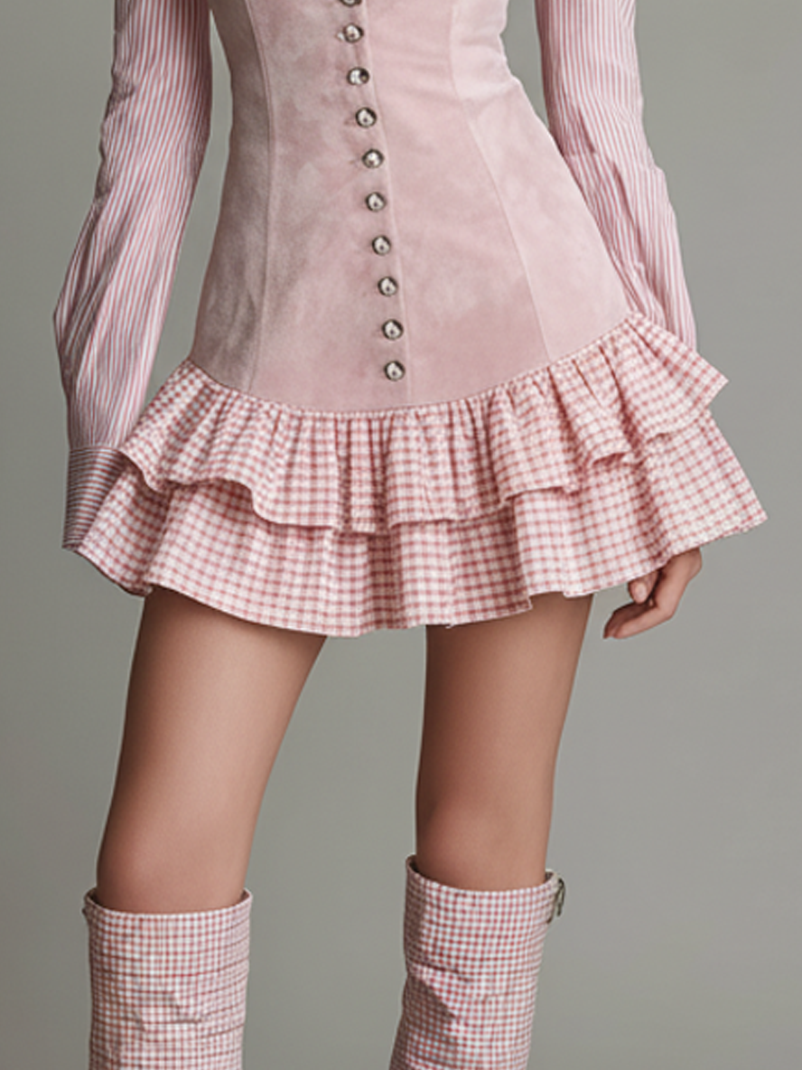 Women's Striped And Checkered Faux Suede Patchwork Fitted Mini Dress MDA3042K6Y