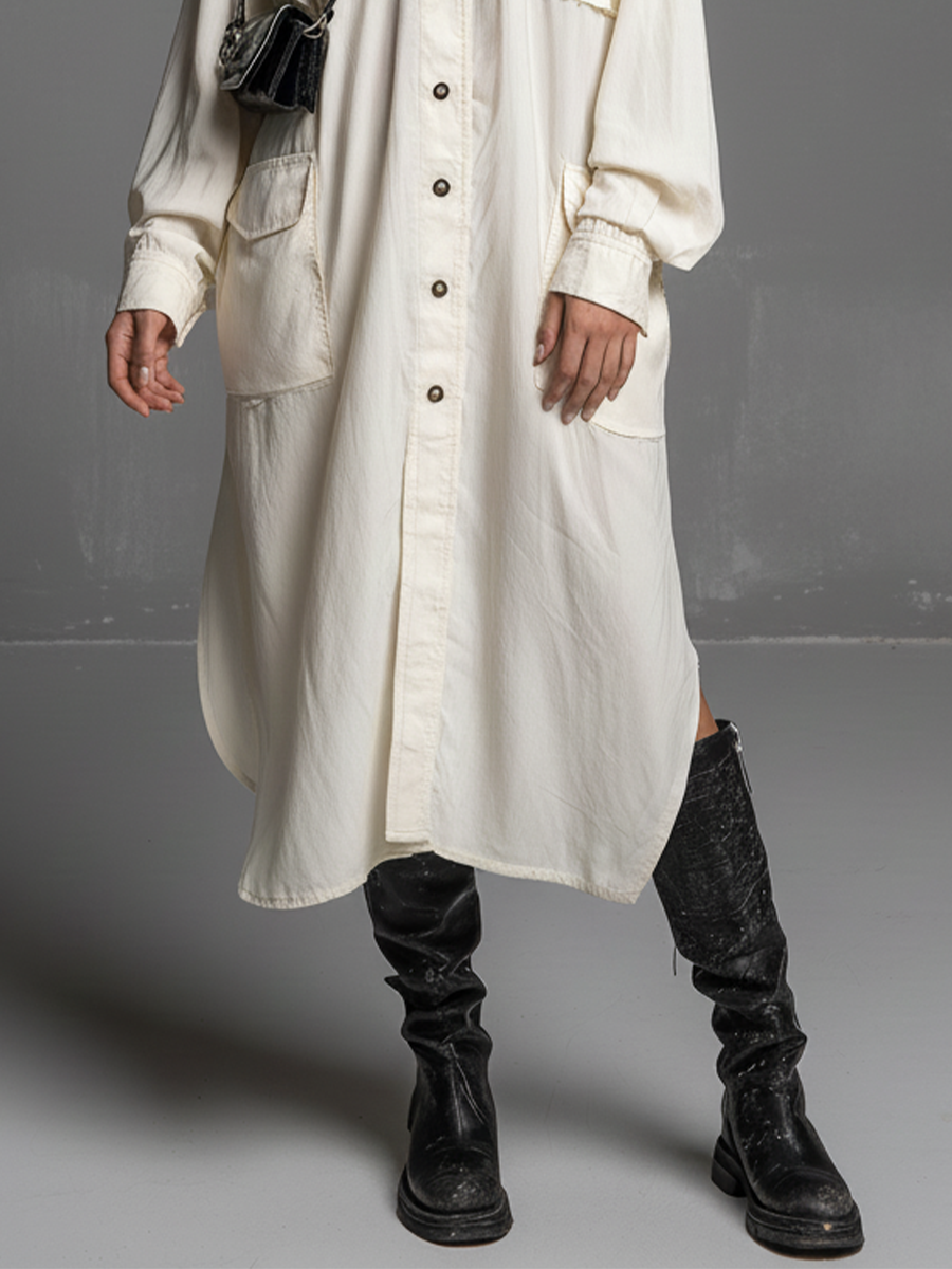 Women's Ivory Cotton And Linen Blend Oversized Button-Front Pocketed Shirt Dress MDA1293L0T