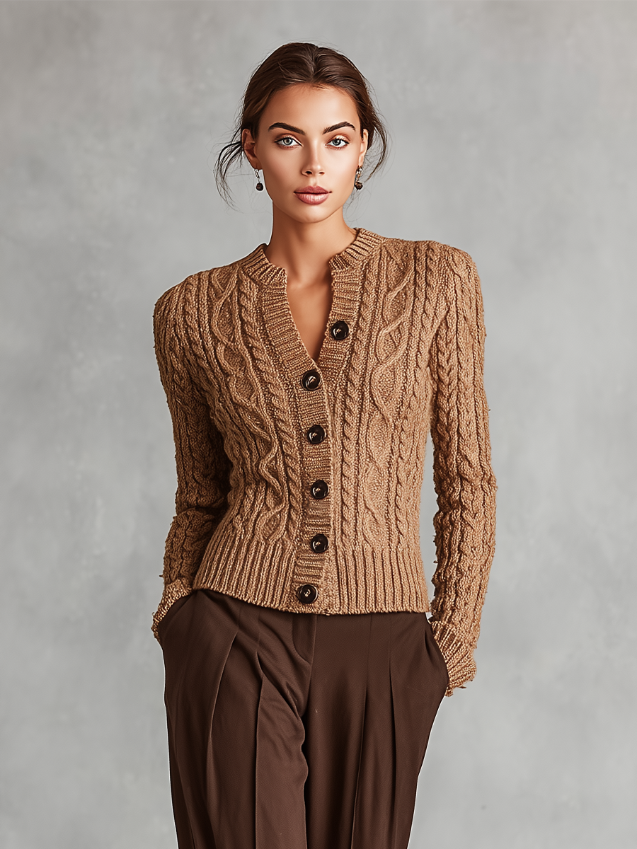 Women's Tan Elegant Cable - Knit Button - Front Cropped Cardigan MDA1893I9I