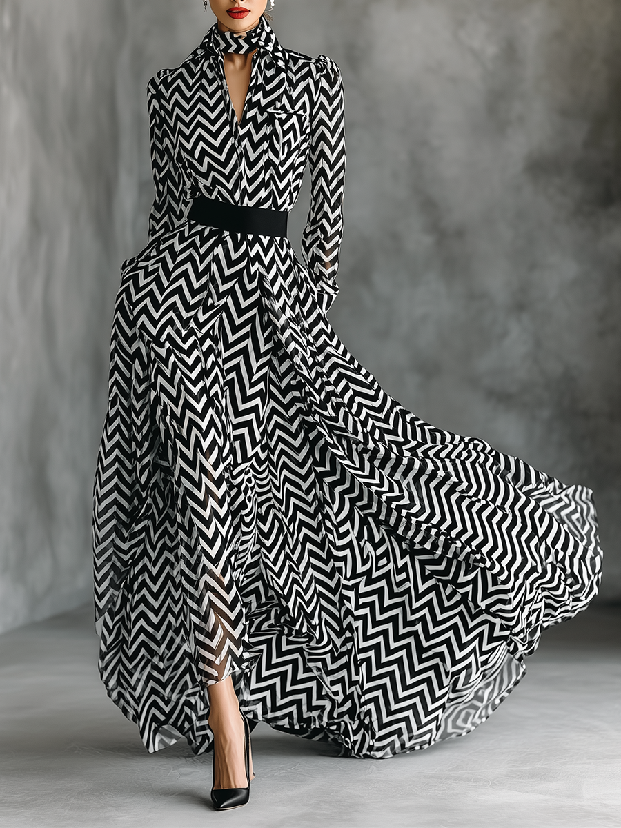 Women's Black And White Herringbone Chiffon Tie-Up Maxi Dress MDA2542G5T