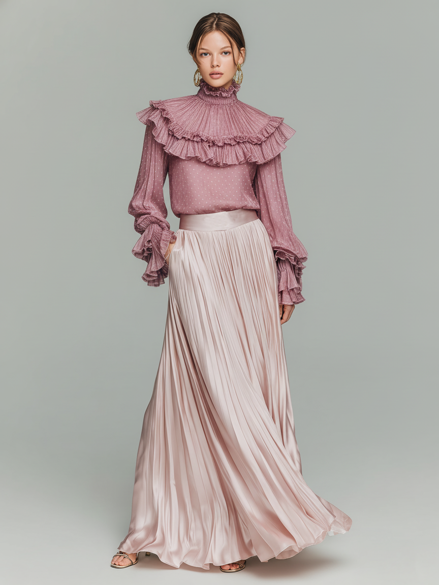 Women's Chiffon Blouse And Satin Pleated Skirt Set MDA1971L8Y