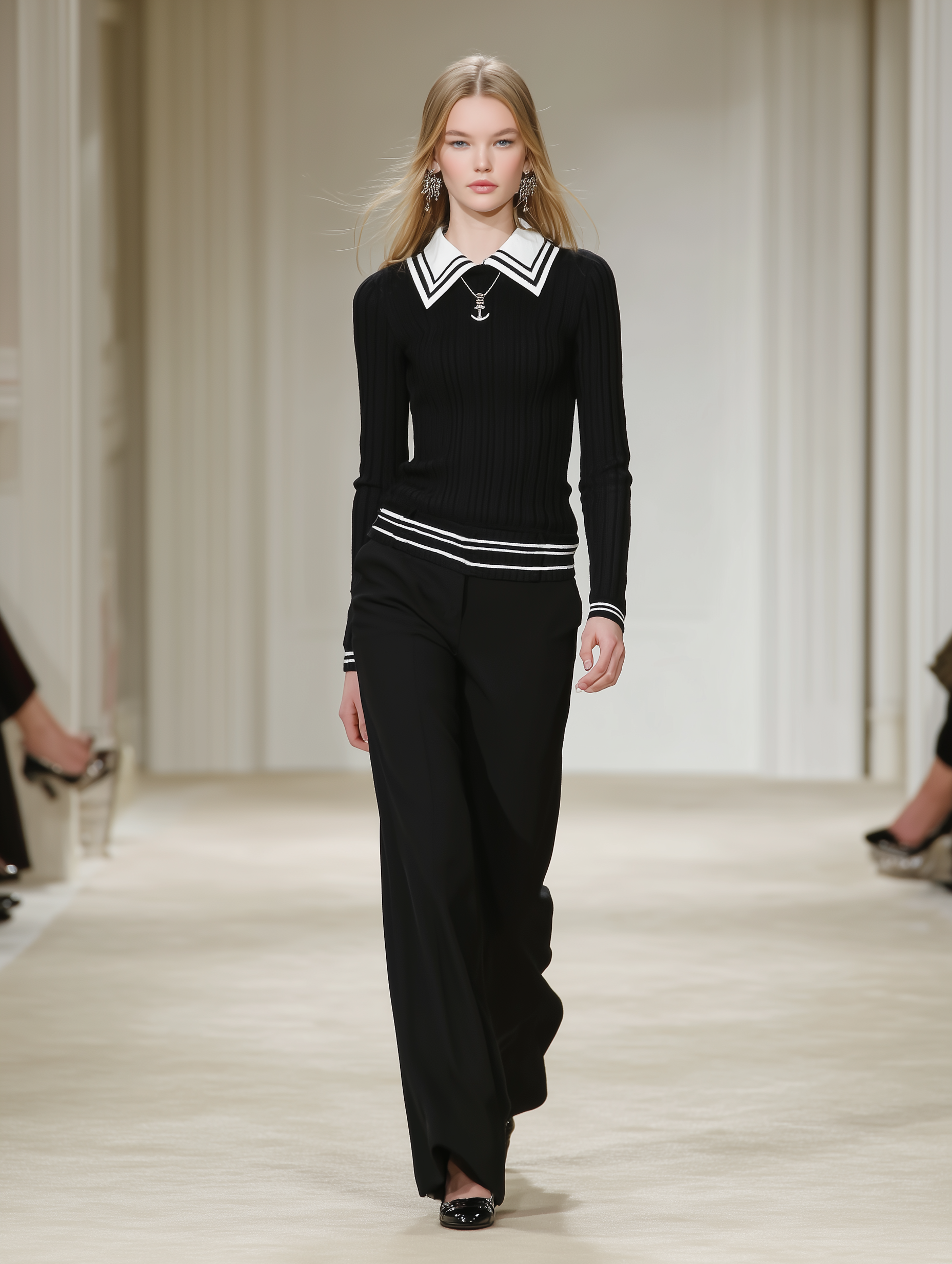 Women's Ribbed Sailor Collar Knit Sweater And Woven Straight Leg Pants Set MDA1763K9Y