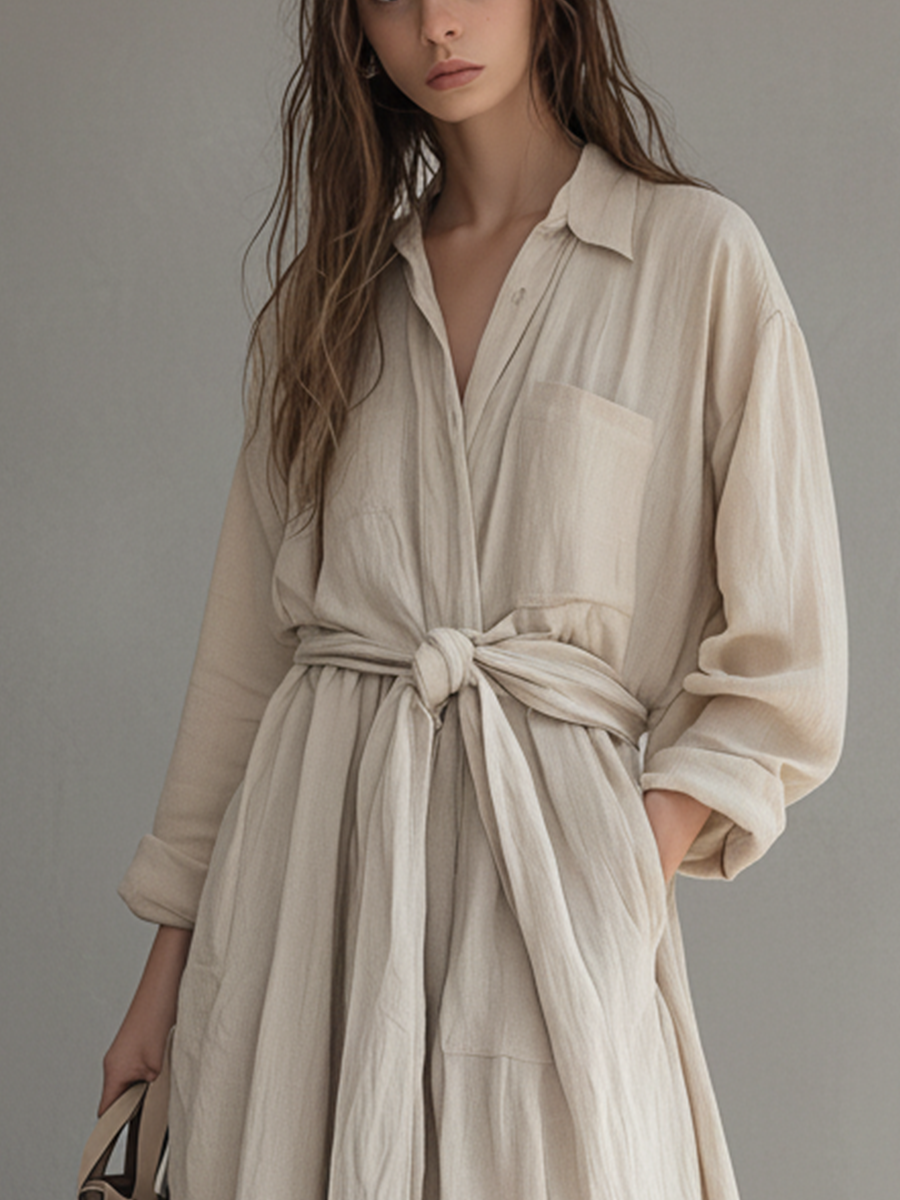 Women's Off-white Cotton-linen Blend Loose-fitting Waist-cinching Long Dress MDA2878K0T