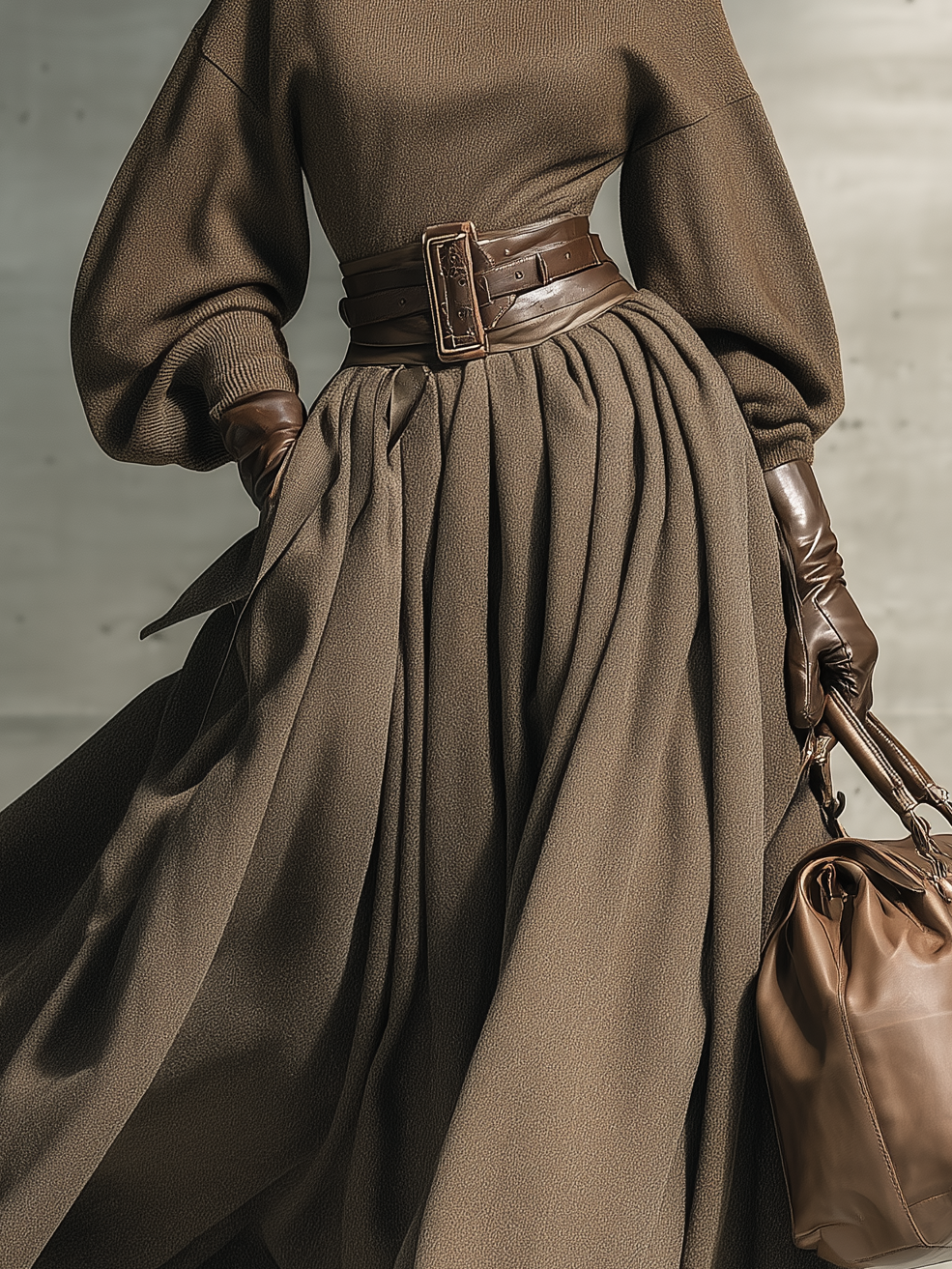 Women's Fashionable And Elegant Brown Long-sleeved High-neck Fitted Knit Elastic Maxi Dress（Waist belt not included）MDA2858K5AN