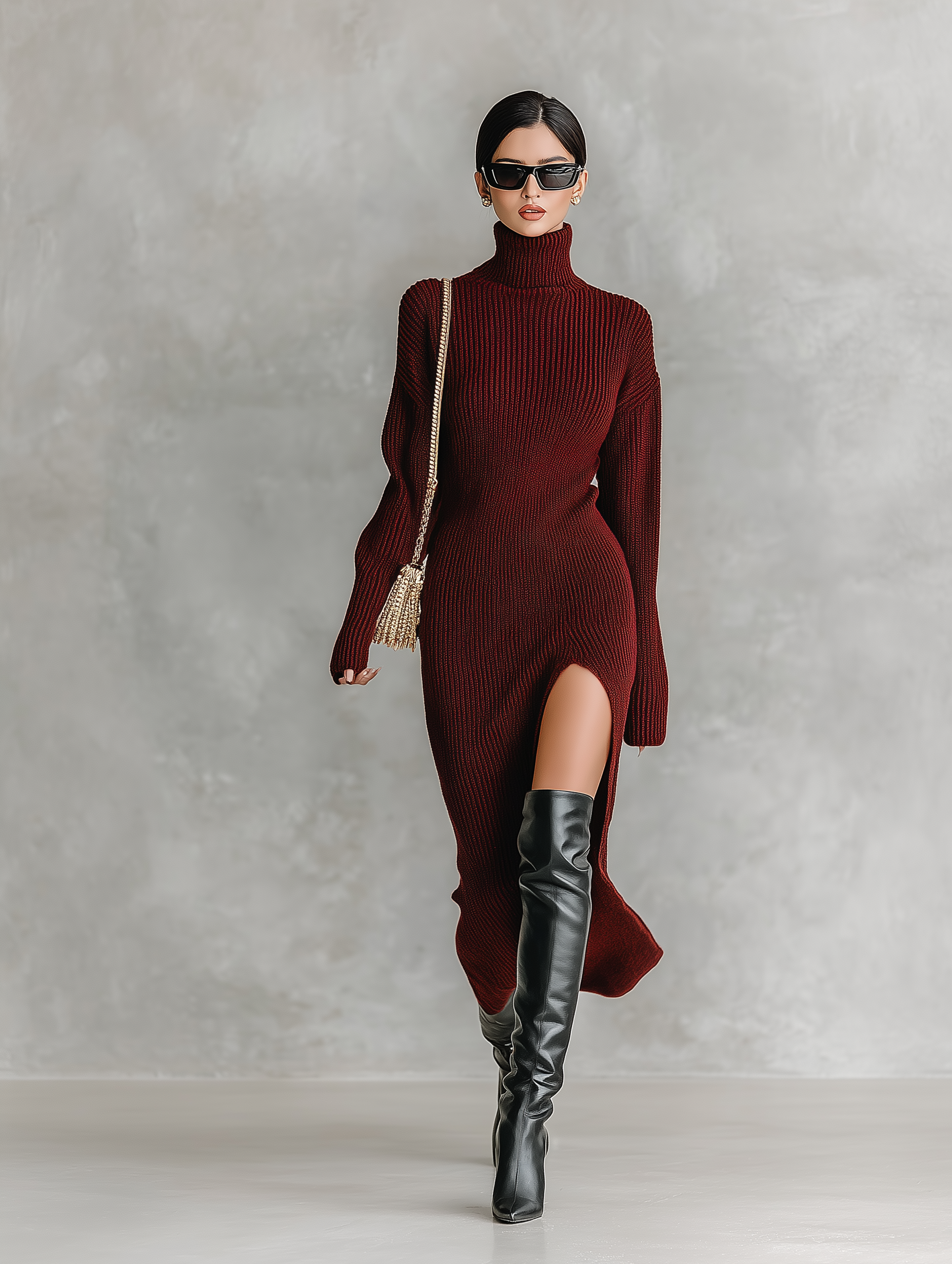 Women's Fashionable And Elegant Ancora Red Collar Long-sleeved Knitted Slim-fit Midi Skirt With Front Slit MDA2808K5AN