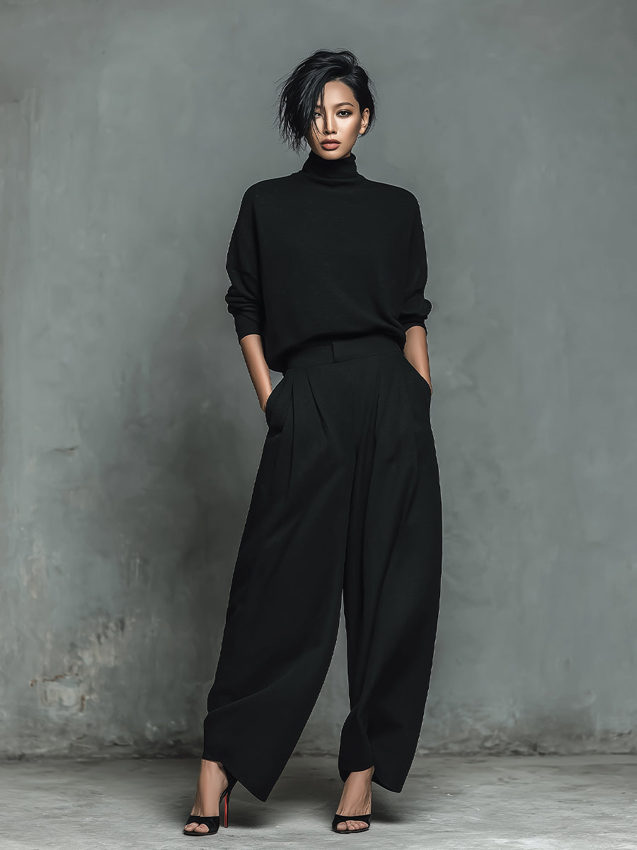 Women's Black Knit & Tailored Fabric Minimalist Turtleneck Wide-Leg Pant Set MDA1700K3I