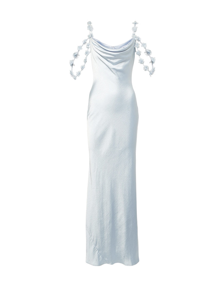 Women's Light Blue Romantic Silk - Like Satin Floral - Strap Maxi Dress MDA0989I7I
