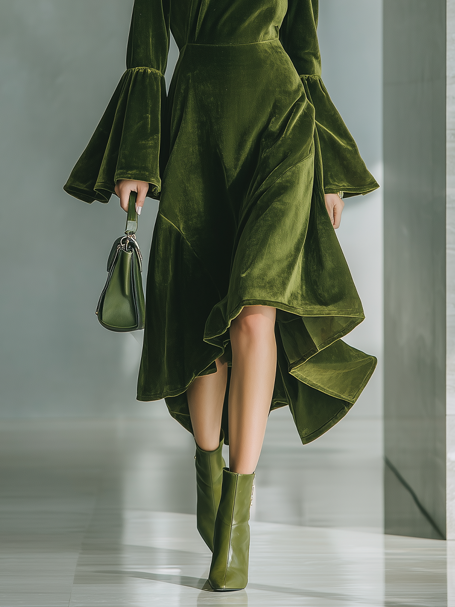 Women's Olive Green Velvet High-Neck Flared Sleeve Irregular Midi Dress MDA0459K7T