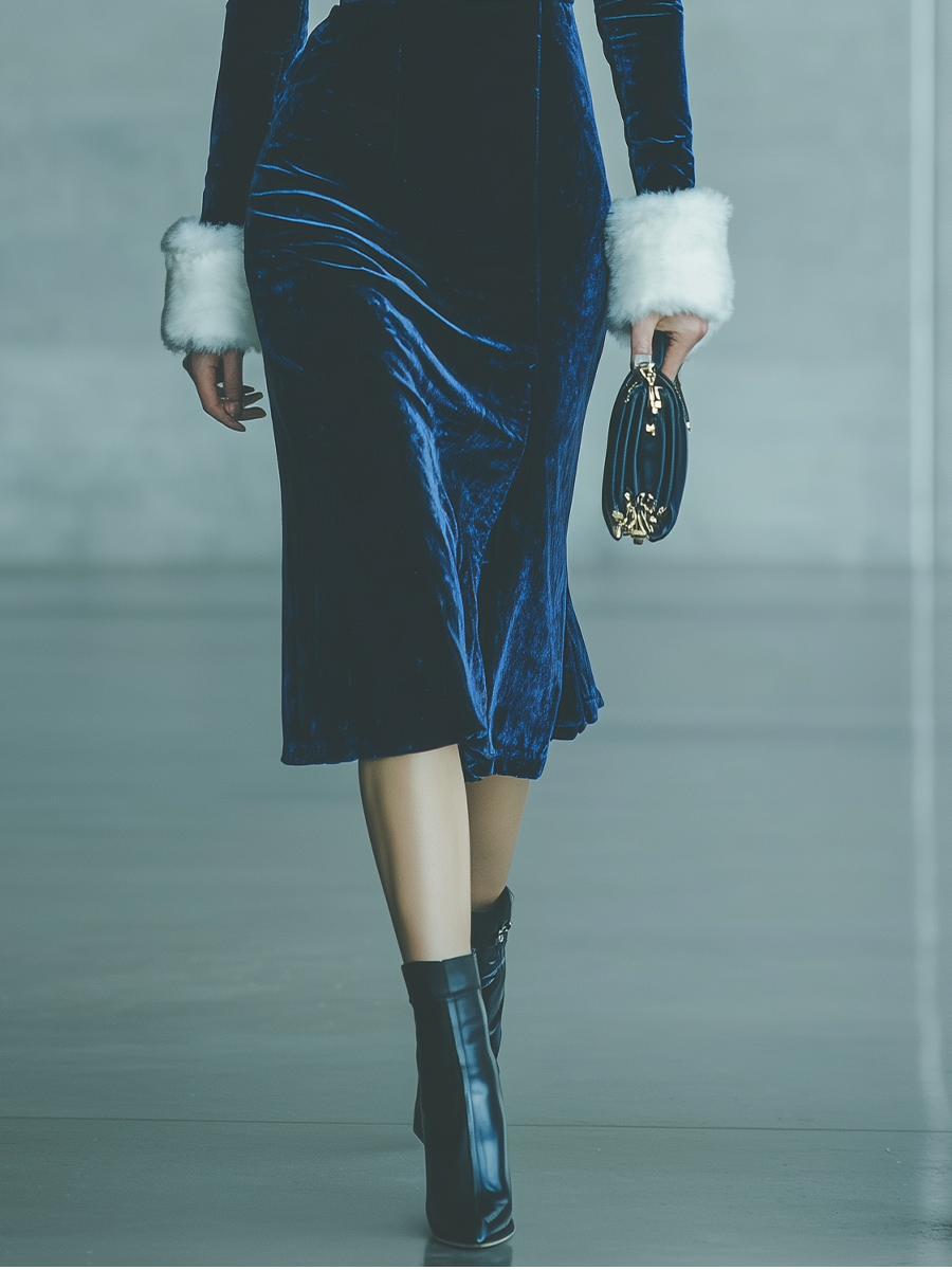 Women's Dark Blue Velvet Raw Edge Elegant Midi Dress MDA2178J6T