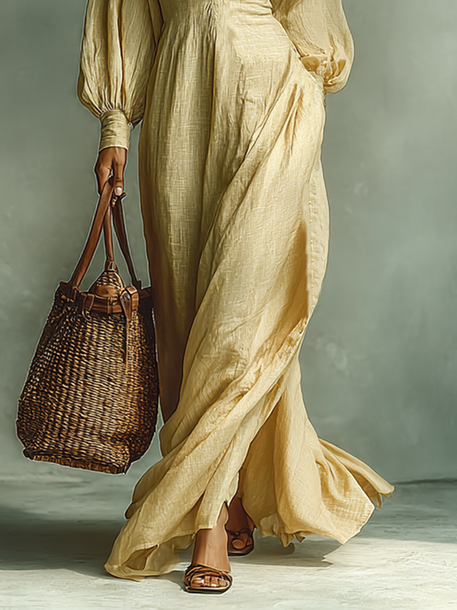 Women's Cotton-linen Blend Button Lapel Long-sleeved Maxi Dress MDA2460G7Y